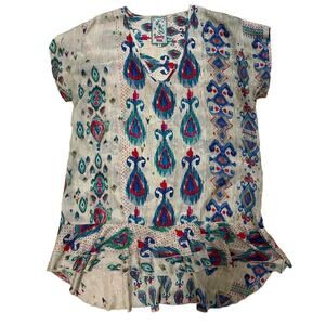 Johnny Was 100% Silk Tunic Top M | Ikat Print, Boho Resortwear, Made in India